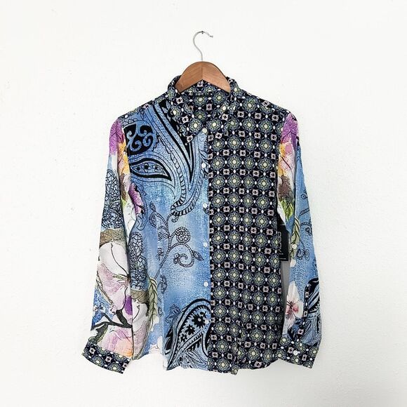 APNY Button Up Silky Blouse with Roll Up Sleeve Paisley Patchwork New Size Mediu - Picture 5 of 10